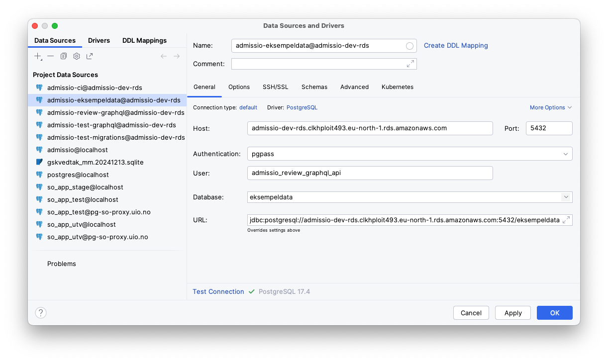 IntelliJ-oppsett av datakilde