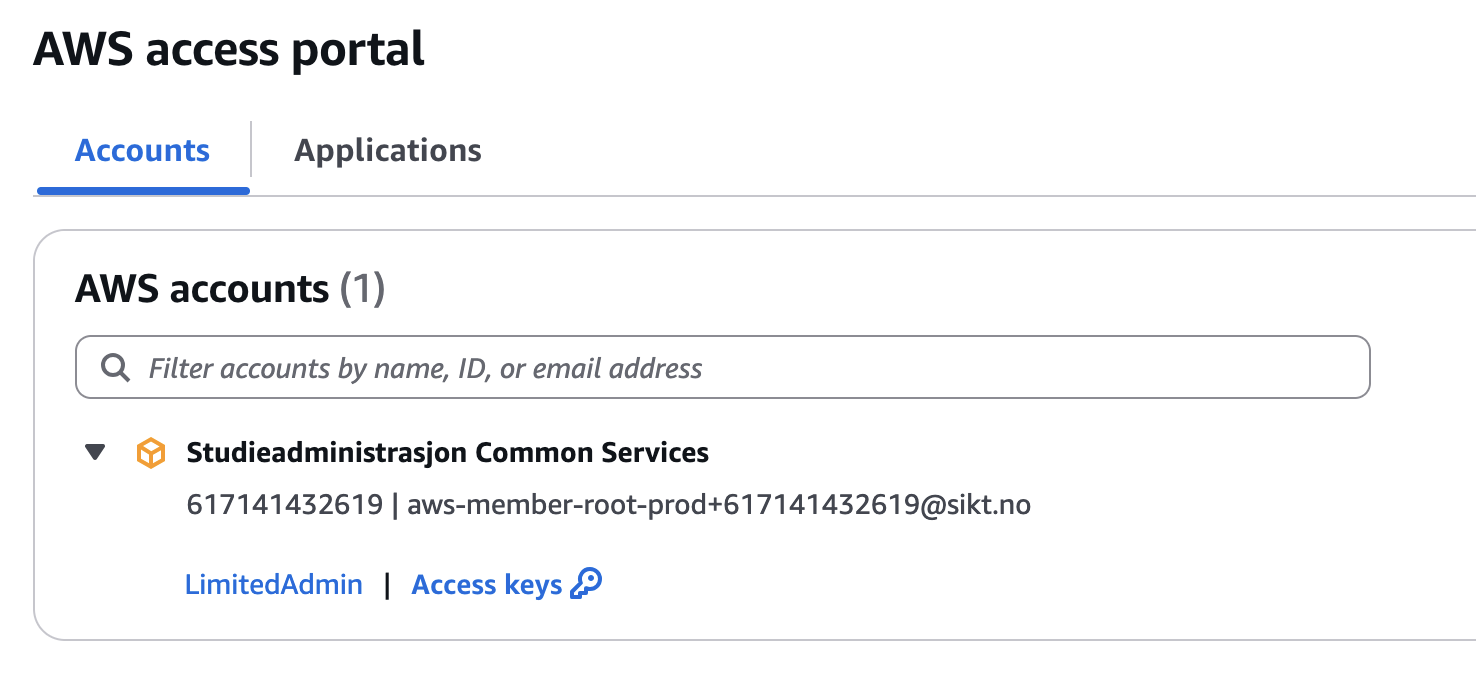 AWS access portal med Studieadministrasjon Common Services-kontoen og LimitedAdmin-lenken
