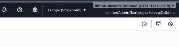 AWS-konsollens toppmeny med Europe Stockholm valgt som region