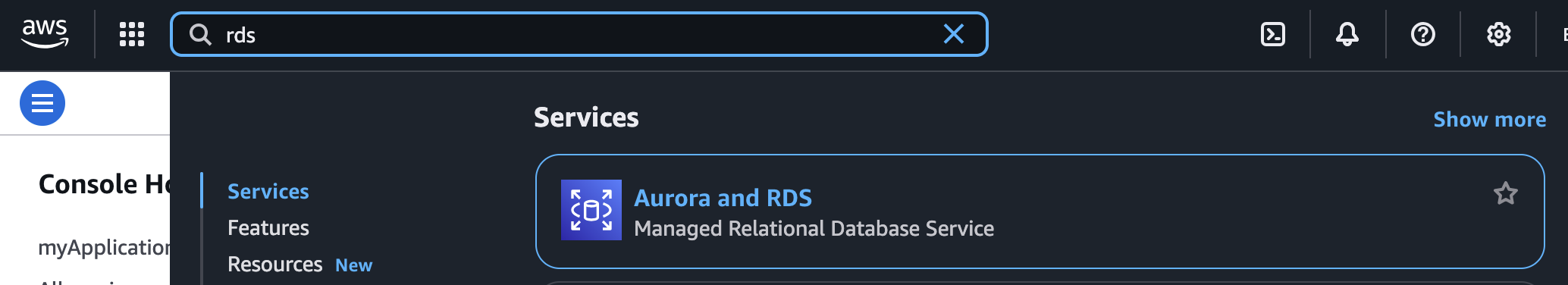 Søk etter rds i AWS-konsollen med Aurora and RDS som treff