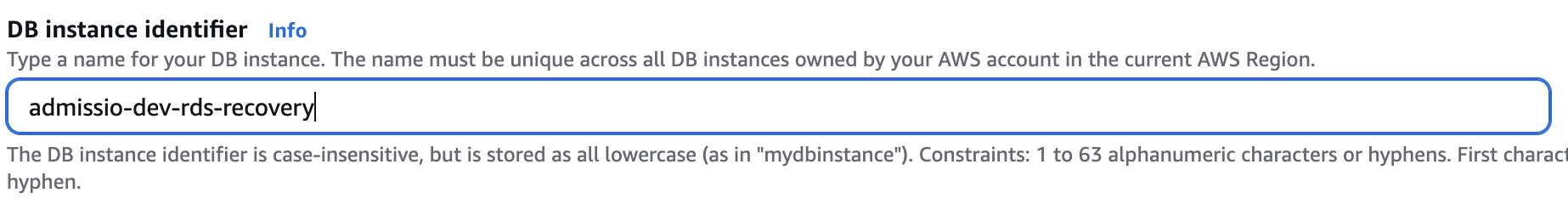 DB instance identifier-feltet fylt inn med admissio-dev-rds-recovery