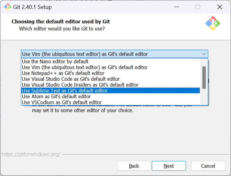Choose the default editor used by Git